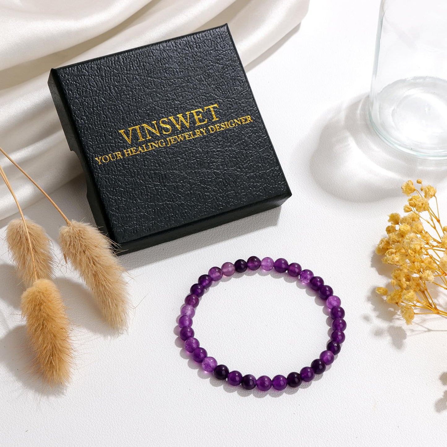 Vinswet Healing Crystal Bracelets for Women Men 6mm Amethyst Natural Stone Beaded Stretch Bracelet Handmade Gemstone Reiki Spiritual Jewelry Gifts
