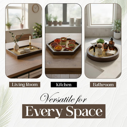 Apolos Co Decorative Tray Set of 3 - Handwoven Rattan Coffee Table Trays with Dark Wood Frame - Modern Boho Design Wicker Tray for Living Room, Centerpiece Décor - Round, Rectangular, Geometric Shapes
