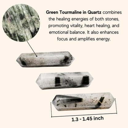 Amazing Gemstone Green Tourmaline in Quartz Crystal Points Bulk Healing Crystals Stones - Pack of 3 Double Terminated Healing Wand Point Bulk Crystals for Craft