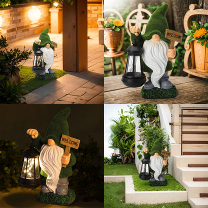 halp·ssfm St Patrick’s Day Green Garden Gnome Statue with Solar Lantern Welcome Sign Outdoor Decor for Porch Lawn Patio Yard Holiday Decorations Housewarming Gifts for Women