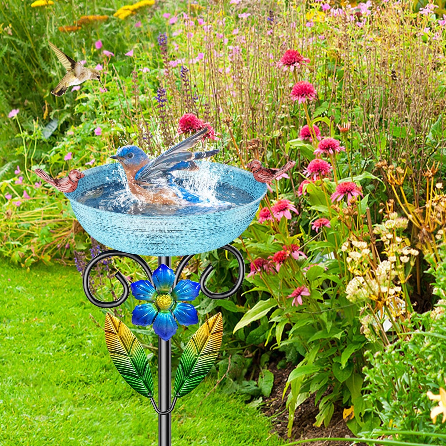 SHUONIVS Metal Bird Bath for Outside, Freestanding Birdbaths Detachable Decoration Spa Birdfeeder, Bird Baths Feeder Bowl for Outdoors Garden Patio Yard Lawn Decor (Blue+Flower)