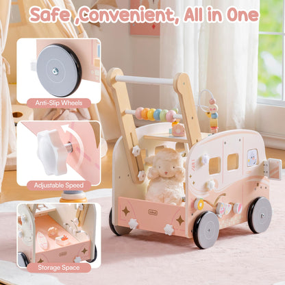ROBUD Wooden Baby Walker, Height & Speed Adjustable Baby Push Walker with Anti-Slip Wheels, Developmental Activity Center with Ocean Vacation Theme, Wooden Walkers for Babies Learing to Walk，Pink