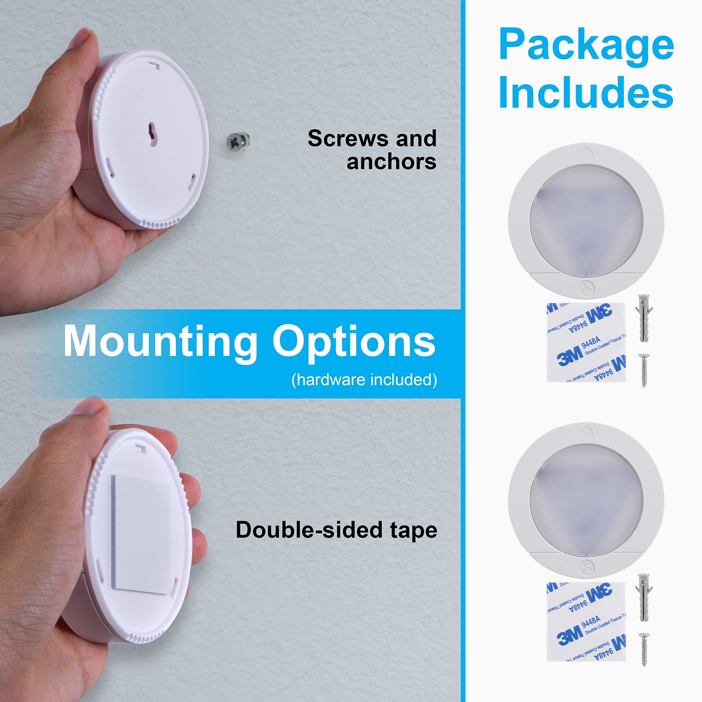 GE Wireless LED Tap-Lights, Battery Operated, 20 Lumens, Touch-Activated Puck Lights, Stick-On for Under Cabinet, Kitchen, Closet, or Garage, 2-Pack 25434