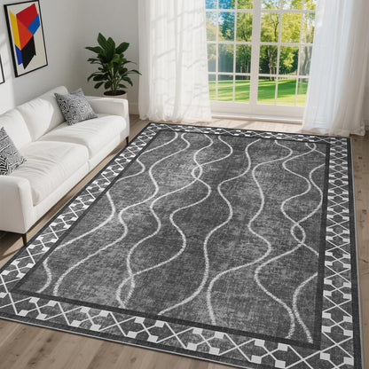DweIke 4x6 Area Rugs for Living Room, Machine Washable Bordered Rug for Bedroom, Luxury Rubber Backing (Non-Slip) Low Pile Throw Carpet for Dining Room Kitchen Home Decor, Black Grey