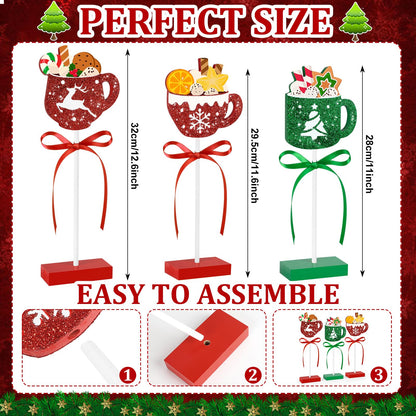 3 Pieces Christmas Table Decorations Wooden Coffee Cup Set, Red and Green Christmas Tiered Tray Decor for Home Office Kitchen Tables (Coffee Cup)