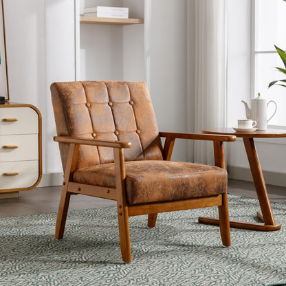 Kayflora Modern Accent Chair, Mid-Century Linen Armchair with Solid Wood Armrests, Button-Tufted Comfortable Cushioned Reading Chairs for Living Room, Bedroom (Coffee