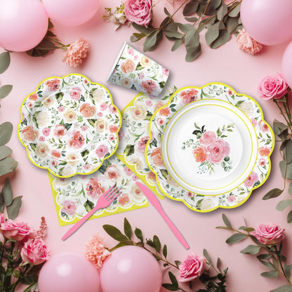 Owelleny Flower Floral Party Decorations, Spring Summer Elegant Garden Floral Party Supplies for Birthday Bridal Wedding Baby Shower, Disposable Paper Plate, Cup, Napkin, Banner, Cutlery, Serves 24