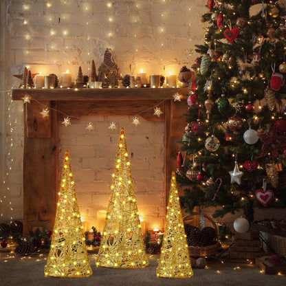 Baquler 3 Pcs LED Lighted Christmas Cone Trees Christmas Tree Ornament Gold Glittered Battery Operated Christmas Decoration Xmas Table Decor for Indoor Home Bedroom Tabletop Centerpiece Holiday Party