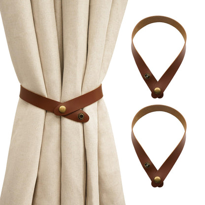 Home Queen PU Leather Curtain Tiebacks, Modern Faux Leather Curtain Straps with Adjustable Buttons, No Drill Holdbacks for Bedroom, Living Room, Hotel, Office, Set of 2,Chocolate