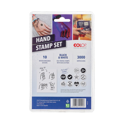 COLOP Printer R17 Event Hand Stamp Set with UV Ink, Special Event Supplies, Multiple Designs, Self-Inking, 10 Designs, 2 Stamps, Perfect for Festivals, Concerts, Bars