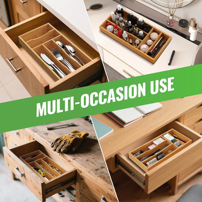 Bayting Small Silverware Organizer, Bamboo Kitchen Drawer Cutlery Organizer, Utensil Holder, Flatware Organizer Tray (14.2"x6.7"x1.6")