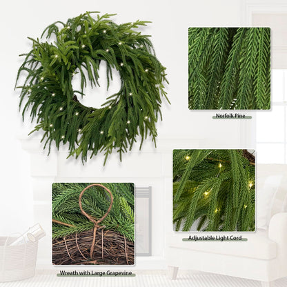 TOKCARE Norfolk Pine Wreaths for Front Door, 26Inch Real Touch Prelit Christmas Wreath with Lights 40 LED Green Faux Pine Wreath for Wall Windows Mantle Outdoor Christmas Decoration