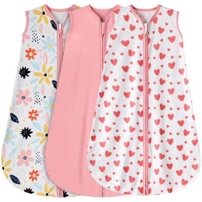 BSTOPPT 3 Pack Baby Sleep Sack 0-6 Months 100% Rayon Cotton Baby Sleeping Bag 2-Way Zipper Toddler Wearable Blankets Comfy Stretchy Lightweight TOG 0.3 （Heart&Pink&Floral）
