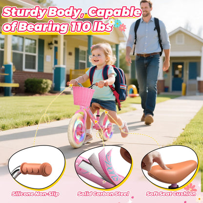 Adjustable Toddler Balance Bike for 2-5 Years Old,Kids Balance Bike with Basket,Kids Bicycle for 2 3 4 5 Years Old Girl Birthday Christmas Toy Gift,Soft Seat & Handlebar,Puncture-Proof LED Tire,Pink