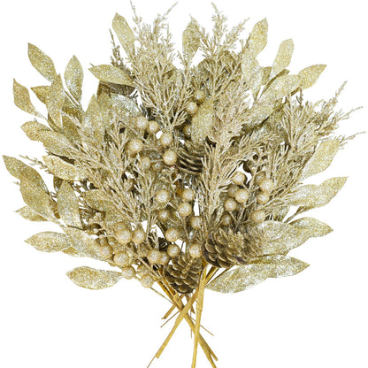 Winlyn 24 Pcs Christmas Glitter Artificial Leaf Picks Pine Needles Pinecone Berries Stems Champagne Glittered Christmas Tree Sprays for Holiday Floral Arrangements Centerpiece DIY Wreaths Garlands