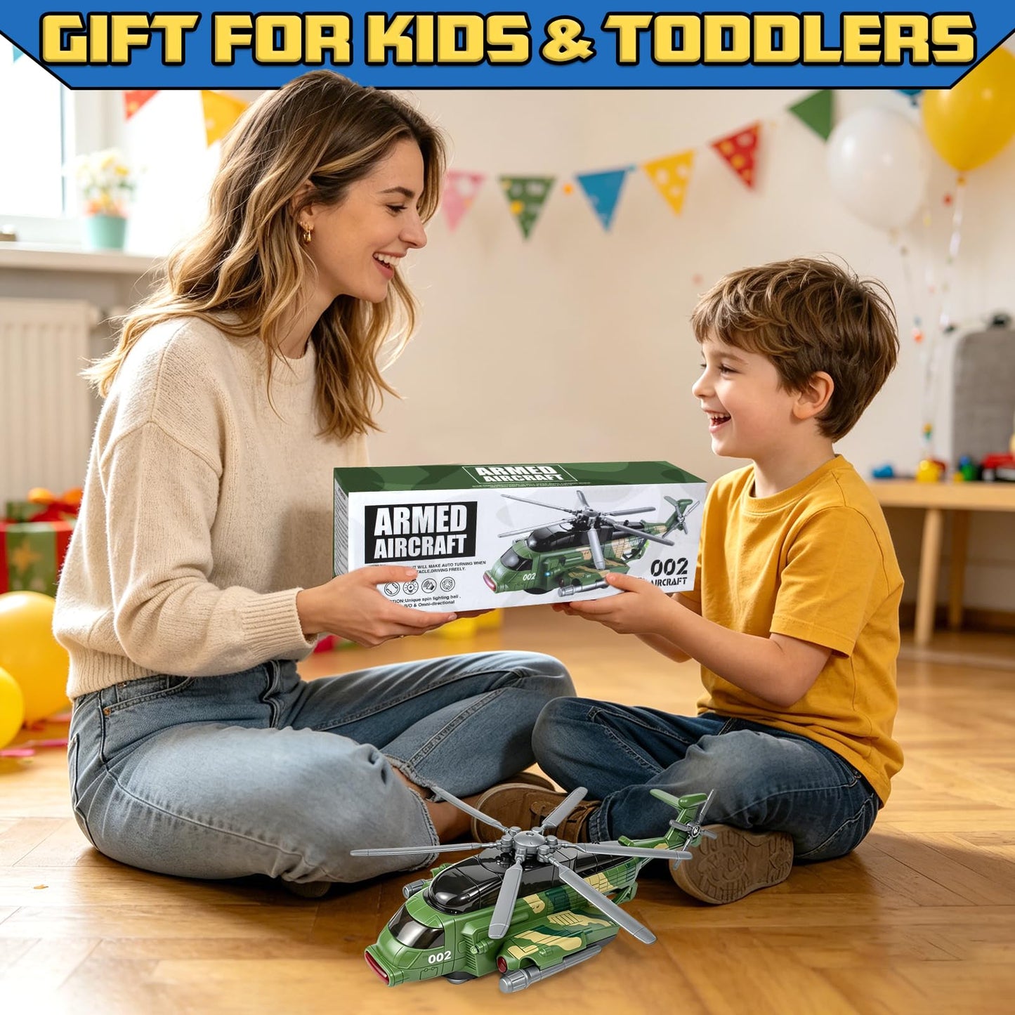 Hymaz Helicopter Toy for Kids 3-5 4-7, Army Military Plane Toy with Lights and Music, 360° Rotating, Bump and Go Airplane Toys for Boys Girls Toddlers Indoor Play Birthday Easter Gifts