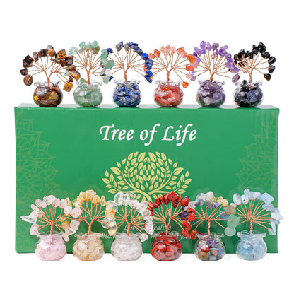 Runyangshi 12pcs Chakra Crystal Tree Set - Fengshui Money Tree with Gemstones, Glass Base, Natural Crystal and Healing Stones for Home Office Decor