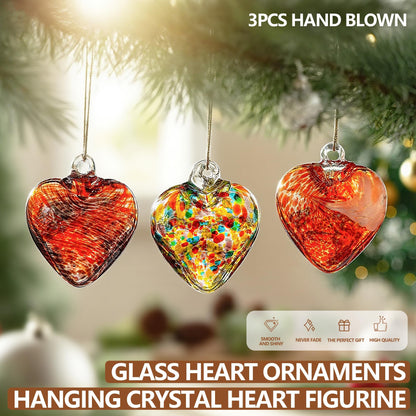 3Pcs Hand Blown Glass Heart Ornaments 3.5inch Hanging Crystal Heart Figurine for Home Garden Wedding Party Decor (Red)