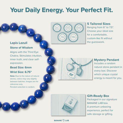BANANE LAB Lapis Lazuli Beaded Bracelet with Mystery Polished Crystal Pendant - 6mm Real Natural Gemstone Beads for Women Men - Wisdom Truth Intuition Gift for Her him - Fits 6.75" Wrist