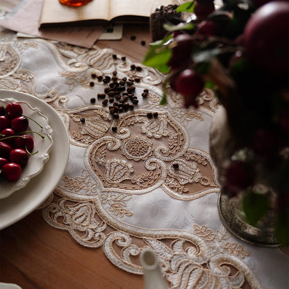Artbloss Elegant Embroidered Lace Table Runner with Ornate Gold Floral Design Sheer Decorative Runner for Dining Table Wedding Reception Holiday Decor (Champagne Gold, 12“ x 124")