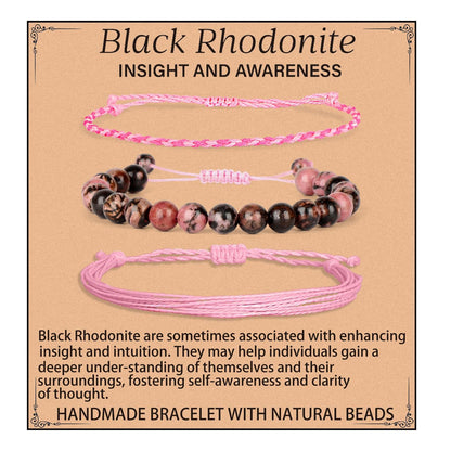 QOGIR Handmade Healing Stones Bracelet,8mm Natural Black Rhodonite Gemstone Beads Bracelet,for Men Women Gifts with 2PCS Size Adjustable Rope Bracelets