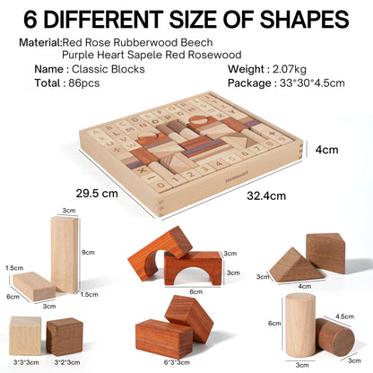 MOMOARI Alphabet Number Early Math Wooden Building Blocks Set - 86 Blocks in 6 Shapes with Wooden Storage Tray. Preschool Montessori Kids Toys. Stacking Learning Toys for Toddlers. Age 3 Years +