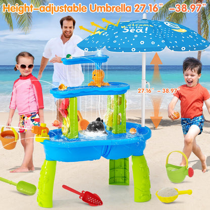 Water Table for Toddlers 3-5, 3-Tier Auto Water-Absorbing Kids Sand Water Table with Water Pump & Umbrella Splash Pond Toy, Activity Sensory Play Table Toys for Outdoor Pool Beach Backyard Summer