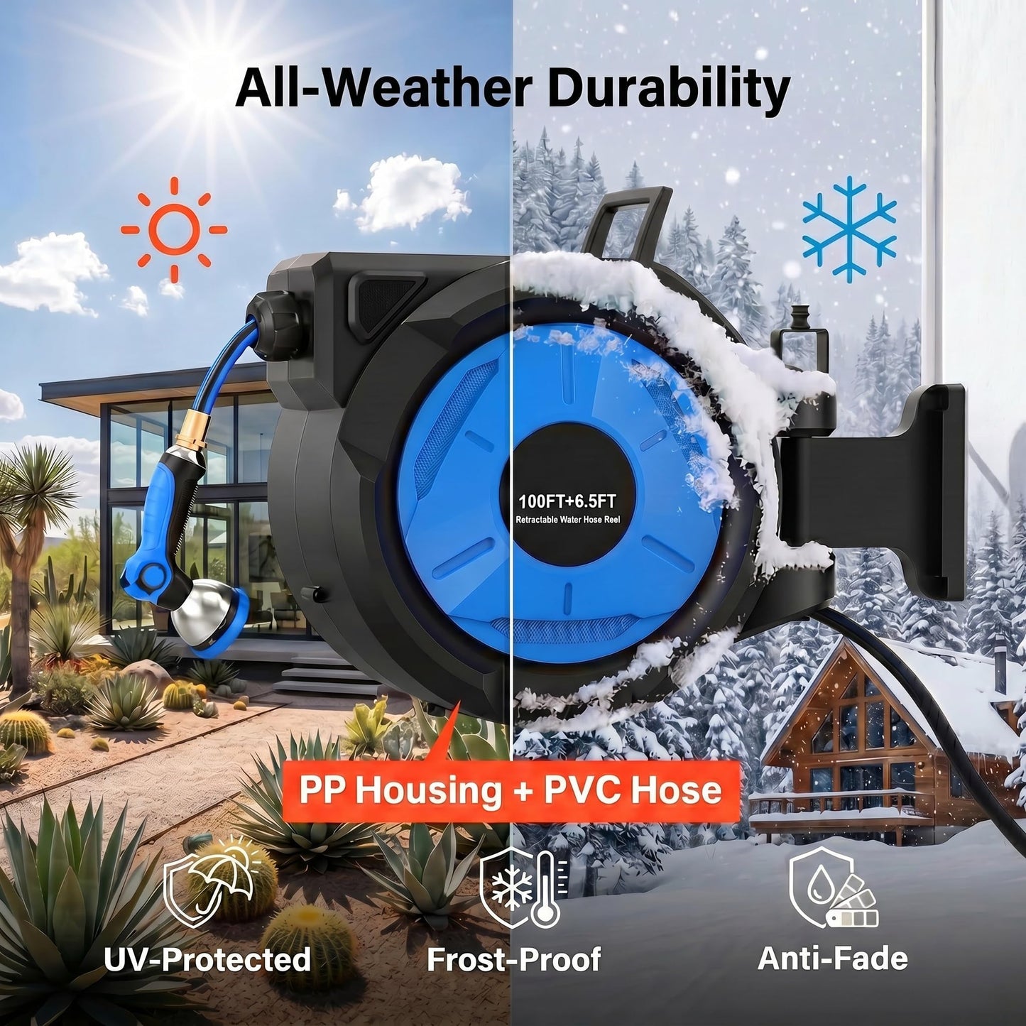 Homdox Retractable Garden Hose Reel 100 ft x 1/2 inch, Automatic Garden Hose Reels with 10 Pattern Nozzle, Wall Mounted Hose Reel, Auto Rewind, 180°Swivel, Any Length Lock Water Hose Reel for Outside