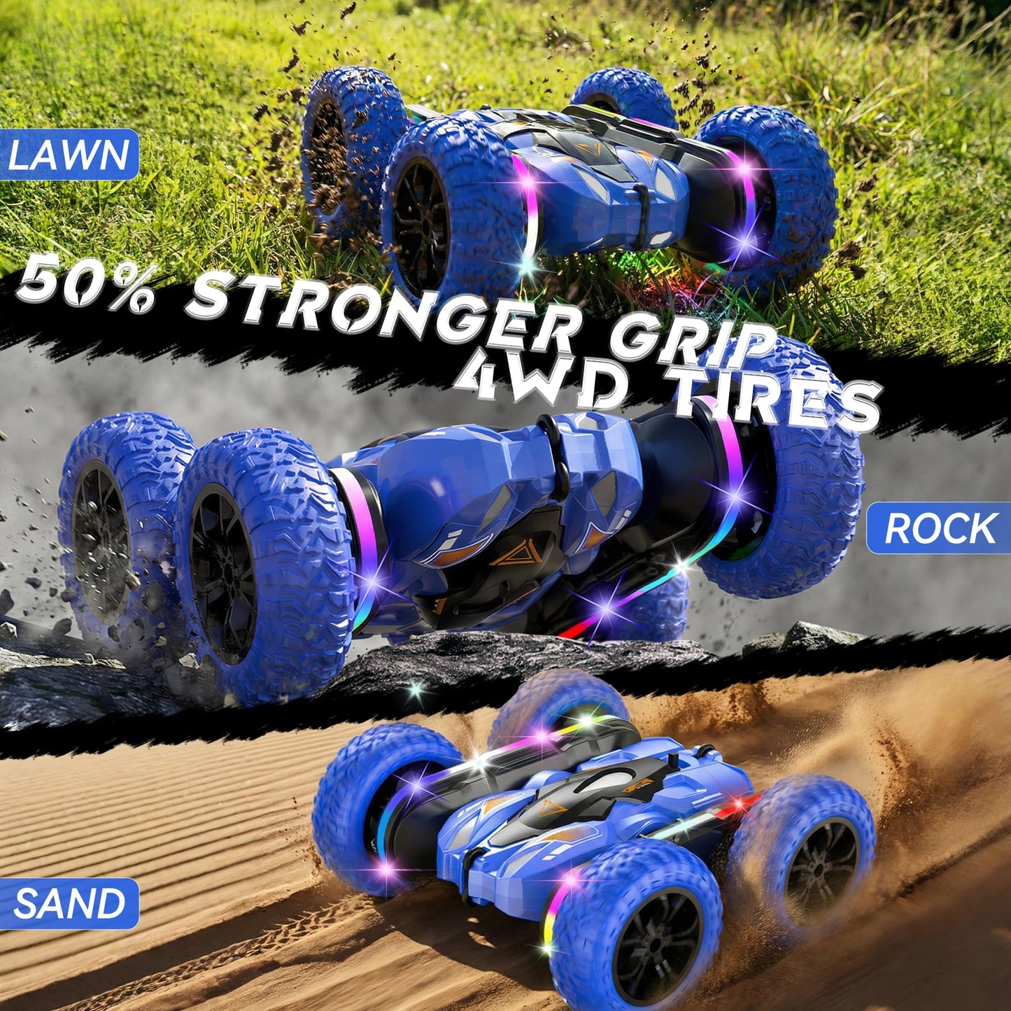 Wedopro RC Car for Boy Ages 6-12: 2 Batteries 360° Stunt Rotating 4WD Remote Control Toy with Headlights, Indoor Outdoor Birthday Gifts for Kids 6 7 8 9 10 11 12, Blue