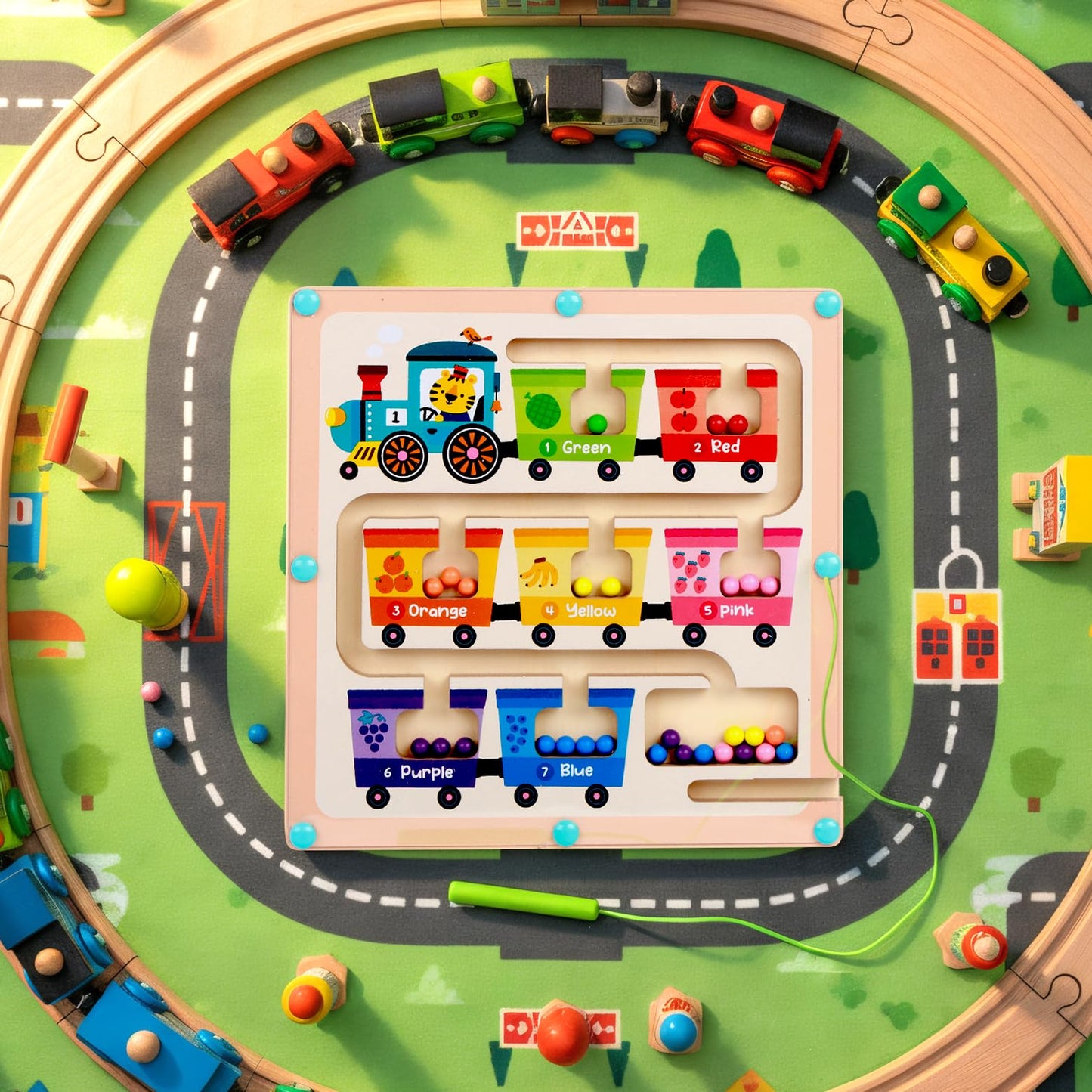 QimuMku Montessori Busy Board for Toddlers 2-4 Magnetic Color & Number Maze Wooden Fruit Train Matching Game Counting Learning Toys for Boys Girls Road Trip Essentials