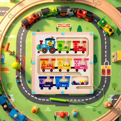 QimuMku Montessori Busy Board for Toddlers 2-4 Magnetic Color & Number Maze Wooden Fruit Train Matching Game Counting Learning Toys for Boys Girls Road Trip Essentials