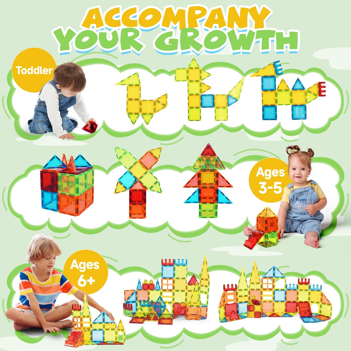 W WISE BLOCK Magnetic Tiles, 60 PCS Magnetic Tiles Building Set, Educational STEM Magnets Tile Toys for Boys Kids Toddlers Ages 3 4 5 6 7 8 9+ Year Old