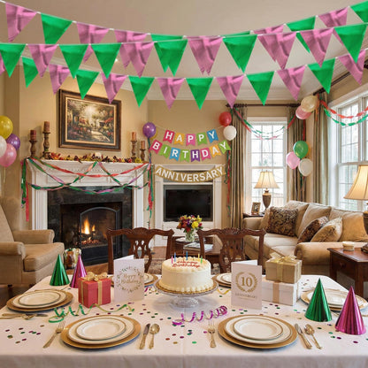 64ft Green and Pink Triangle Pennant Banner Flag Metallic Paper Bunting Garland for Hanging Backdrop Birthday Decorations Graduation Bachelorette Bridal Wedding Shower Party Supplies