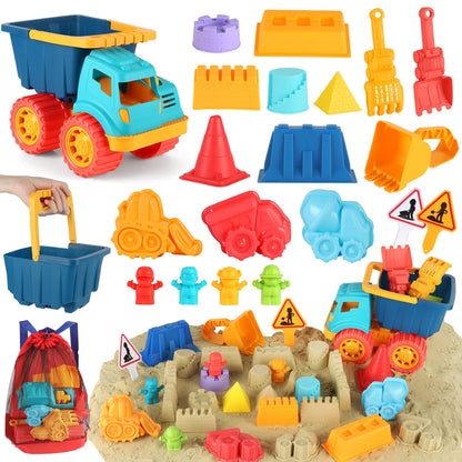 Elovien Beach Sand Toys, Large Dump Truck with Bucket, Sandbox Construction Toy Sand Castle Building Kit with Mesh Bag, Sand Molds, Shovels, Worker Figures, Kids Toddlers Summer Outdoor Travel Toys