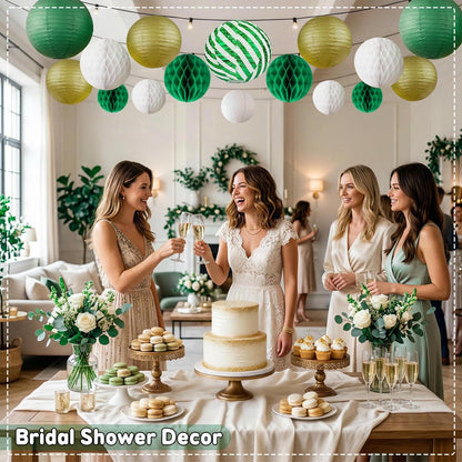 Green and Gold Party Decorations - 16Pcs Hanging Green White and Gold Paper Lanterns & Honeycomb Balls for Graduation Decorations 2026, Birthday, Baby Shower & Wedding Party Supplies