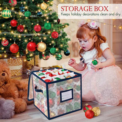 BINSUNS Christmas Ornament Storage Box, Christmas Storage Containers Organizer Bag with Dividers - Fits up to 64 Holiday Xmas Ornaments Decorations 3" Seasons Balls(Blue)
