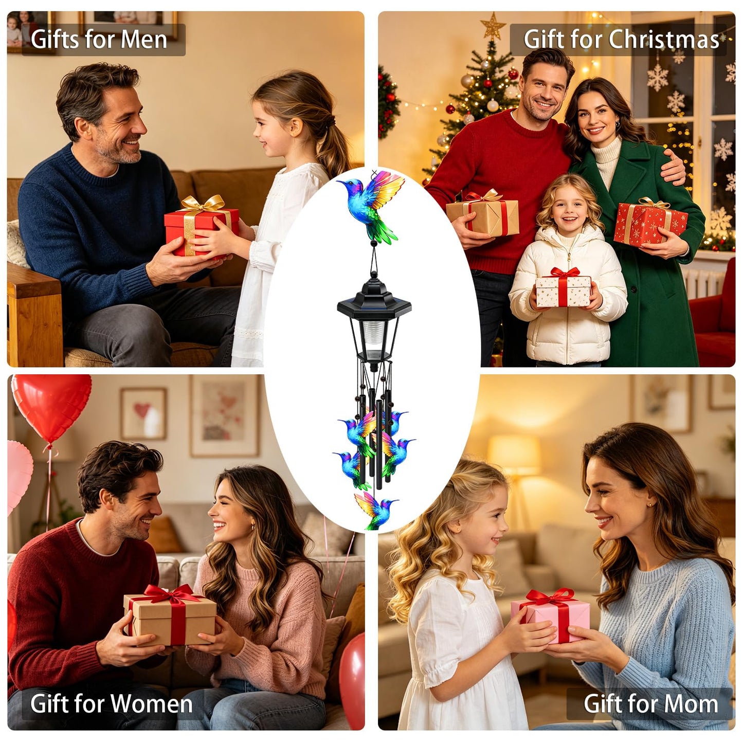 Large Solar Hummingbird Wind Chimes, Gifts for Women Mom Grandma Wife Sister Daughter Neighbor, Black Metal Wind Chimes with Wind Catcher, Solar Decor Lights for Outdoor Garden Patio Porch Window