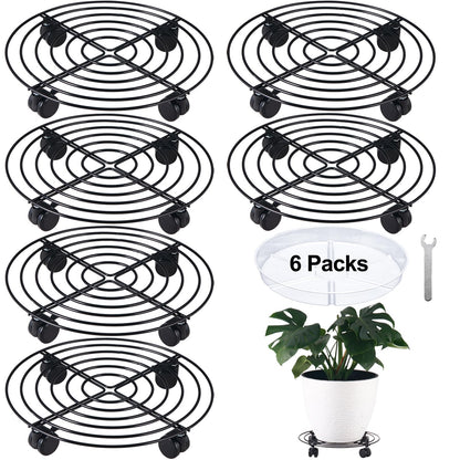 6 Packs 12 Inches Large Metal Plant Caddy with Wheels Rolling Plant Stands Heavy-duty Wrought Iron Plant Roller Base Pot Movers Plant Saucer on Wheels Indoor Outdoor Plant Dolly with Casters Planter Tray Coaster