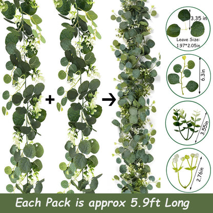 2 Pack Artificial Eucalyptus Garland 5.9FT Spring Greenery Garland Decor Summer Faux Silver Dollar Hanging Eucalyptus Greenery Vines for Home Table Mantle Wedding Party Indoor Outdoor