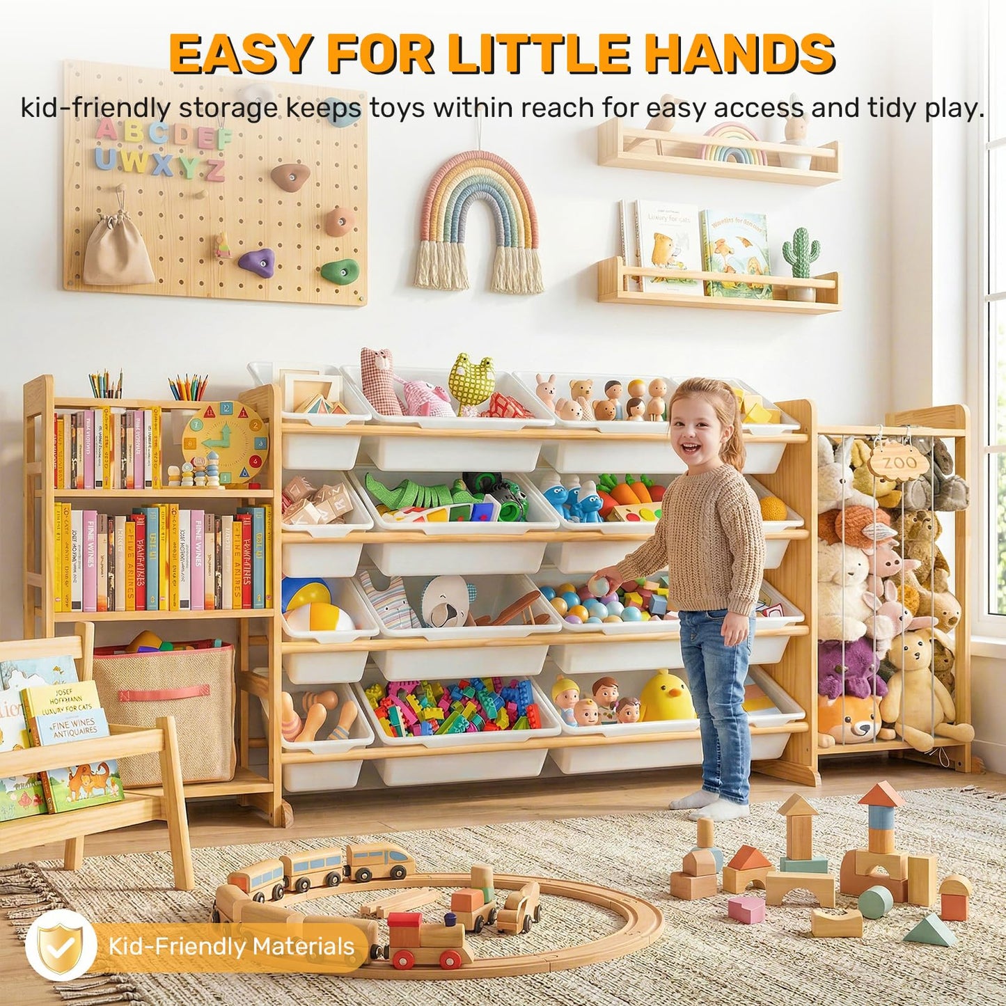 Yazzropt 81" Large Toy Storage Organizer with Bins Shelves & Stuffed Animal Storage for Kids Wood Toddler Playroom Organization with Bookshelf Toys Box Wooden Organizers for Kids Room Nursery Bedroom