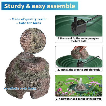 TIANCENTRAL H Electric Bird Bath Fountain Pump with Natural Rock Design, Continuous Water Bubbler (Not Solar) 7.5W Adjustable Submersible Pump with 6FT Anti-Bite Cord for Outdoor Garden & Patio Decor