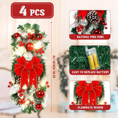 Giegxin 4 Pcs 19.7 Inches Light up Christmas Stair Swags LED Prelit Teardrop Swag Norfolk Pine Garland Artificial Stairs Garland Pine Cone Props for Indoor Outdoor Hanging Decor