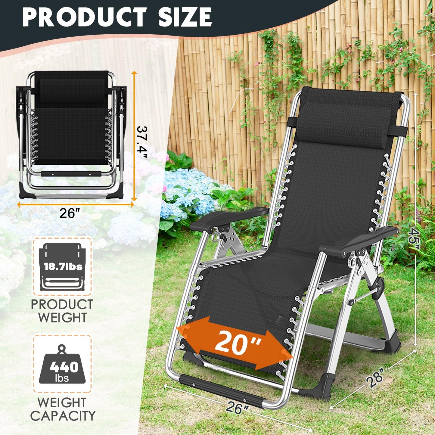 MOPHOTO Zero Gravity Chair, Outdoor Padded Lounge Chair with Side Table, Zero Gravity Recliner Chair, Outdoor Reclining Chair, Sturdy & Comfortable, Supports up to 440lbs