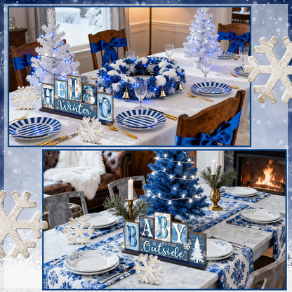 Thyle 3 Pcs Winter Wooden Table Decor Reversible Hello Winter Baby It's Cold Outside Centerpiece Blue and White Tray Decor Double Side Snowflake Blocks Sign for Farmhouse Tabletop Home Office Shelf