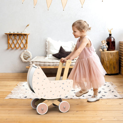 SPEEDY MONKEY Wooden Doll Stroller Pram | Pretend Play Push Toy for Toddlers | Kids’ Baby Doll Walker with Soft Bedding | Durable Role-Play Stroller for Imaginative Play & Nursery Decor