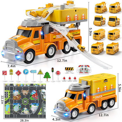 Doloowee Construction Truck Toy Set with 8 Vehicles, Car Carrier with Movable Station, Educational Vehicle Toys for Kids 3-8 Years, Orange
