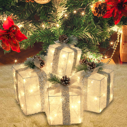 COVFEVER Set of 4 Christmas Lighted Gift Boxes, Pre-lit Light up Present Set with Different Sizes for Holiday Indoor Outdoor Decorations - Battery Operated(Warm White)