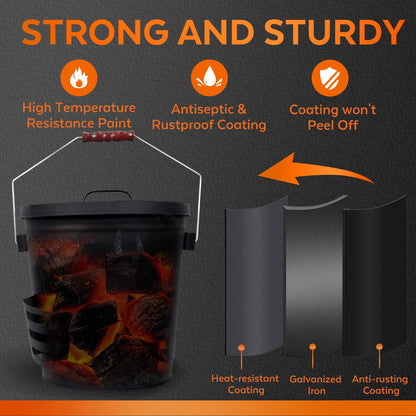 KEFIY 5.2 Gallon Ash Bucket with Lid and Shovel, Metal Fireplace Ash Bucket with Broom, Complete Fireplace Tools Set for Wood Stove and Fireplace