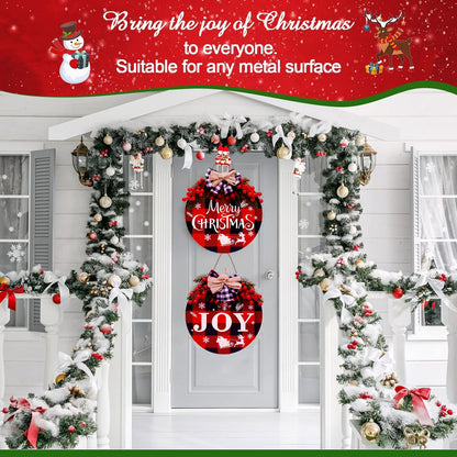 2 PCS Buffalo Plaid Christmas Wall Decor, 12 Inch Merry Christmas Sign Wood Wreath Hanging Porch Window Decoration Indoor Outdoor