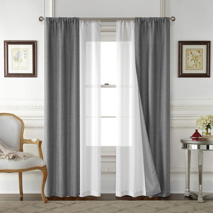 Parklane Dark Grey 4-Piece Rod Pocket Wave Window Panel Set, 2 Jacquard Panels & 2 Sheer Panels, Elegant Layered Curtains for Living Room or Bedroom,84"